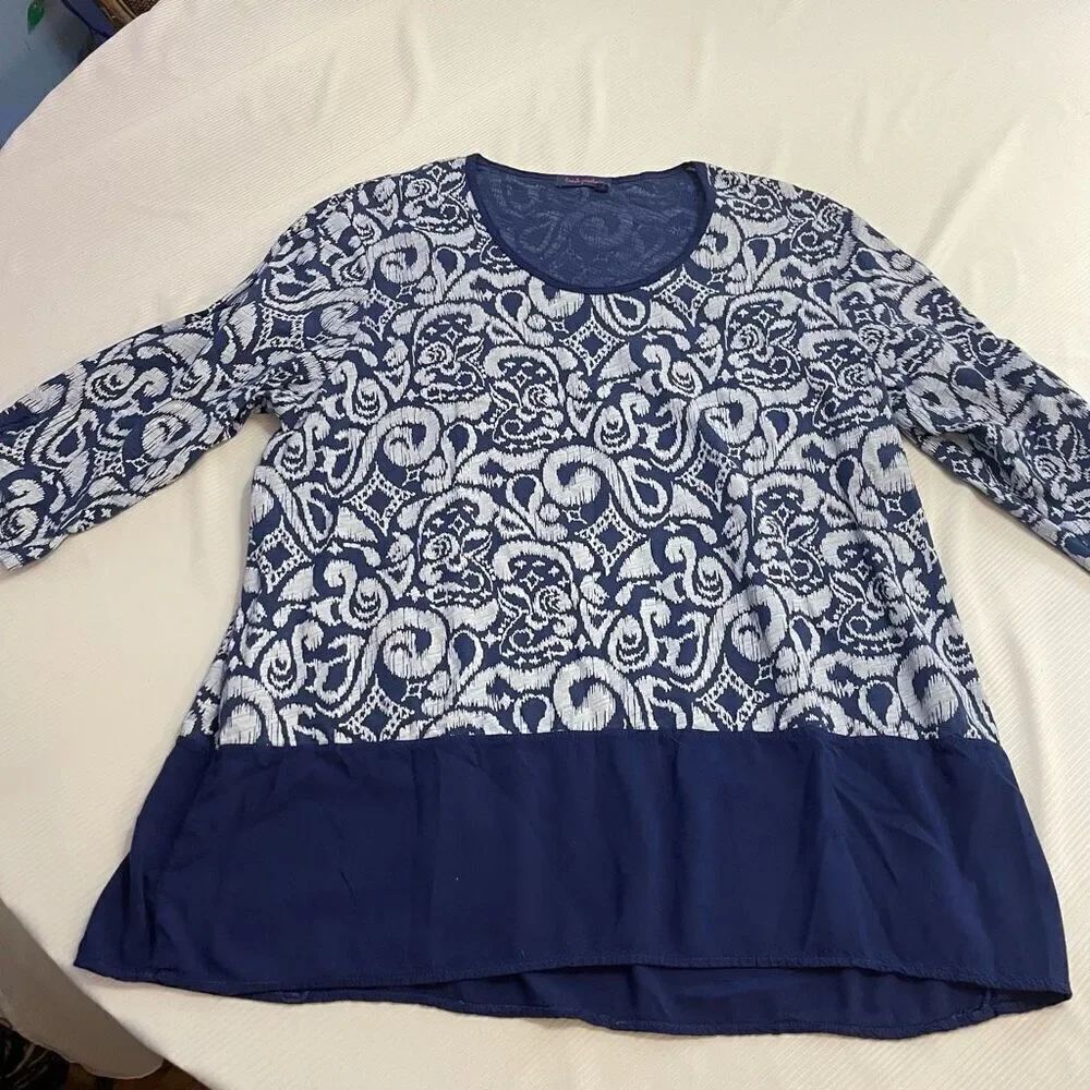 FRESH PRODUCE Plus Size 2X Blue Windfall Top Wander woven + knit mix fabric